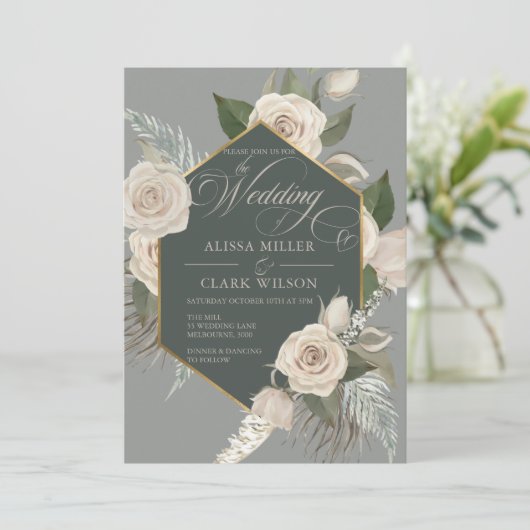 ホワイトローズと金ゴールドフォレストグリーン結婚ズ 招待状 (スタンド正面)