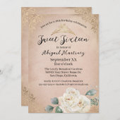 ホワイトローズと金ゴールドヴィンテージピンクSweet sixteen 招待状 (正面/裏面)