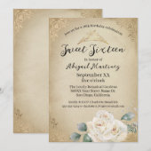 ホワイトローズと金ゴールドヴィンテージSweet sixteen 招待状 (正面/裏面)