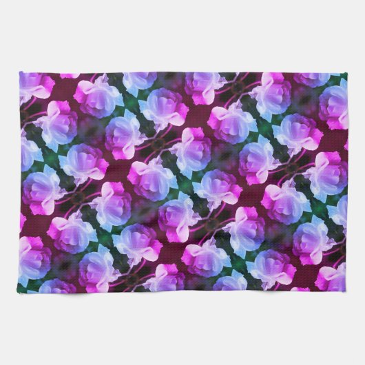 ホワイトローズと雨滴抽象芸術フローラアート キッチンタオル (横)