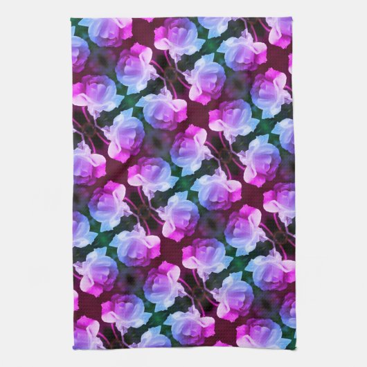 ホワイトローズと雨滴抽象芸術フローラアート キッチンタオル (縦)