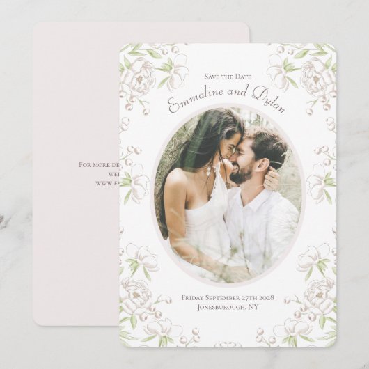 ホワイトローズのクラシックな結婚式の写真 Save the Date 招待状 (正面/裏面)