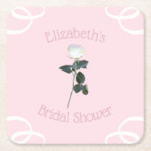 ホワイトローズの花びらピンクのブライダルシャワー スクエアペーパーコースター (正面)