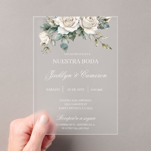 ホワイトローズアクリルスペイン式結婚式 アクリル招待状 (インサイチュ (ポータブル))