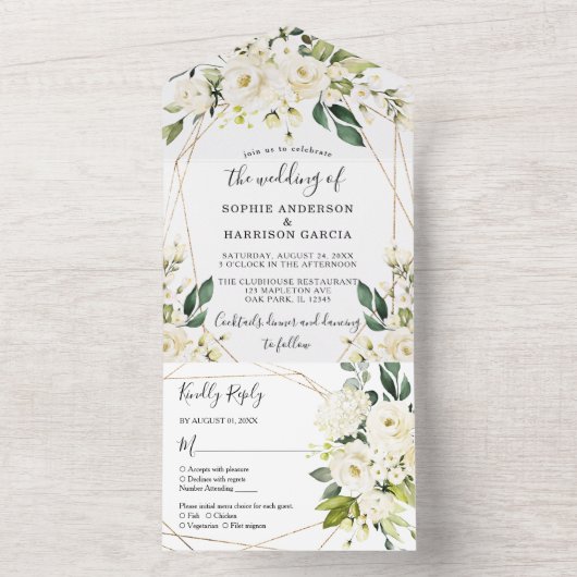 ホワイトローズアジサイエレガントジオメト結婚リ オールインワン招待状 (内側)