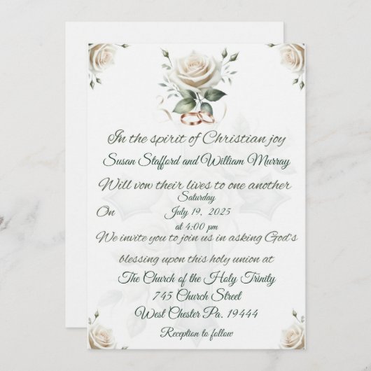 ホワイトローズアンドクロスクリスチャン結婚式招待状 招待状 (正面/裏面)