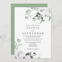 ホワイトローズアンドグリーンリーフローラ結婚式招待状