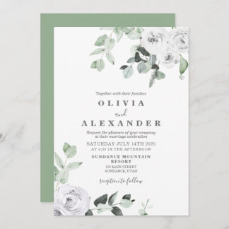 ホワイトローズアンドグリーンリーフローラ結婚式招待状 招待状