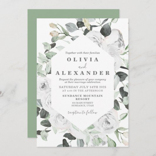 ホワイトローズアンドグリーンリーフローラ結婚式招待状 招待状 (正面/裏面)