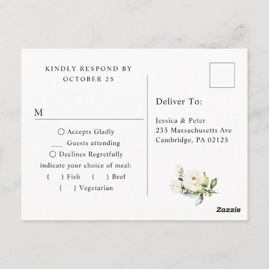 ホワイトローズウェディングRSVPと食事の選択 ポストカード (裏面)