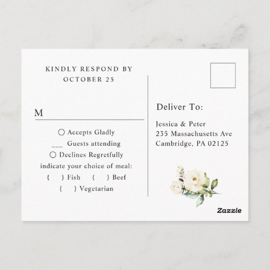 ホワイトローズウェディングRSVPと食事の選択 ポストカード (裏面)