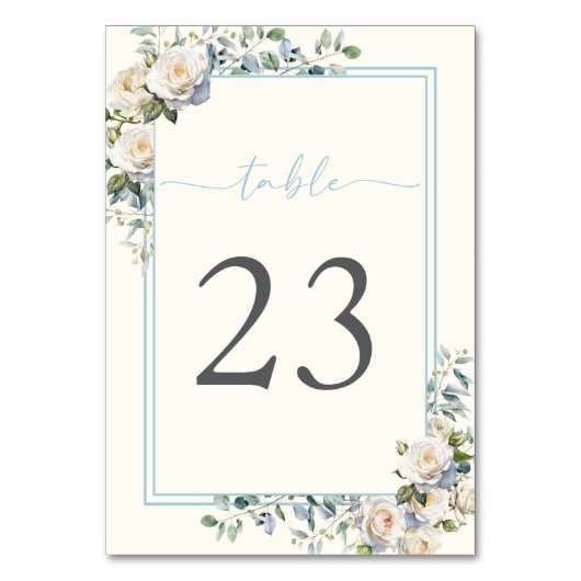ホワイトローズウォーター色フローラほこりっぽいブルーテーブルカード テーブルナンバー (正面)