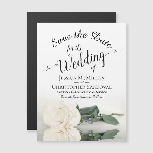 ホワイトローズエレガントな結婚式は日付磁石を保存 (正面/裏面)