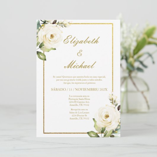 ホワイトローズエレガントウェディング招待状スペインのイン 招待状 (スタンド正面)