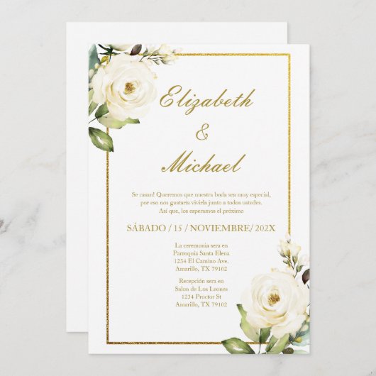 ホワイトローズエレガントウェディング招待状スペインのイン 招待状 (正面/裏面)