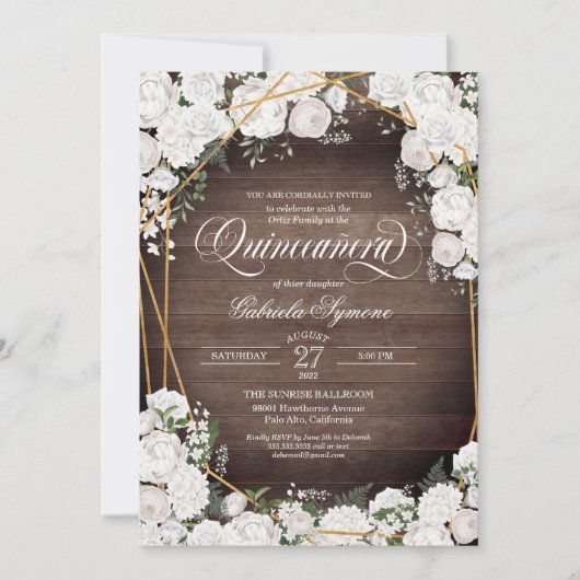 ホワイトローズエレガントウッド素朴フローラキンセアニラ 招待状 (正面)