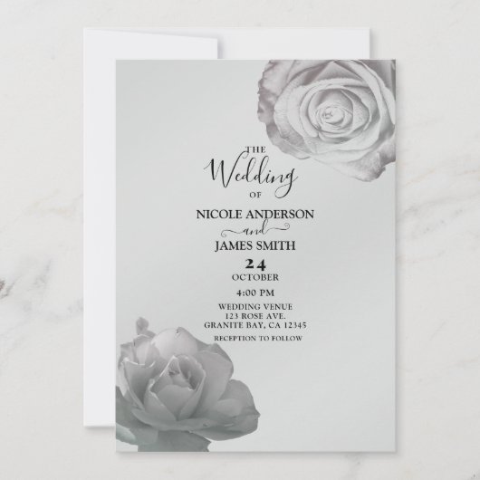 ホワイトローズエレガントフローラシルバーグレ結婚ーズ 招待状 (正面)