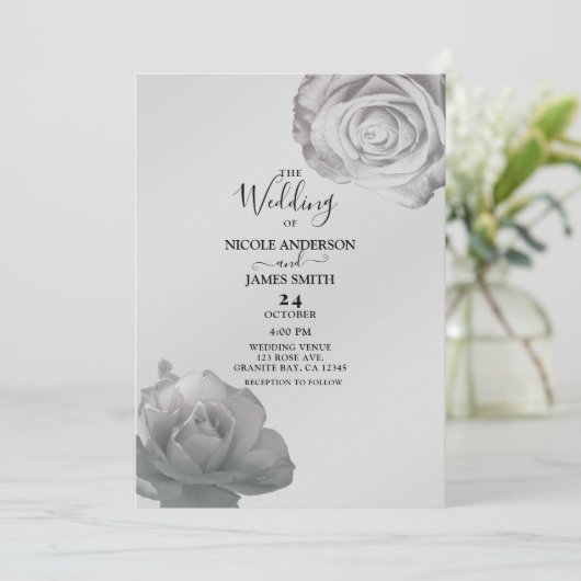 ホワイトローズエレガントフローラシルバーグレ結婚ーズ 招待状 (スタンド正面)