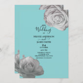 ホワイトローズエレガントフローラターコイズブ結婚ルーズ 招待状 (正面/裏面)