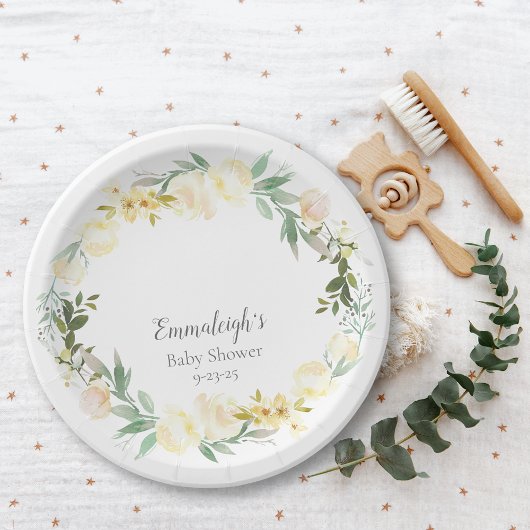 ホワイトローズエレガントフローラベビーシャワー ペーパープレート