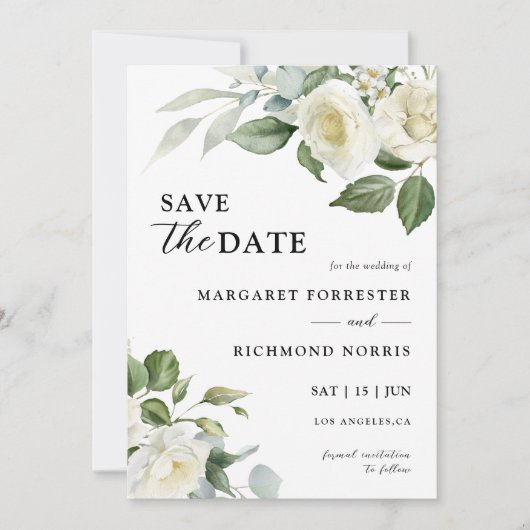ホワイトローズエレガントフローラ結婚式の日付を保存 招待状 (正面)