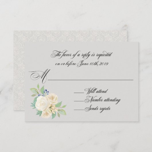 ホワイトローズエレガントフローラ結婚式RSVP 出欠カード (正面/裏面)