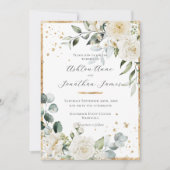 ホワイトローズエレガントモダン結婚金ゴールド 招待状 (正面)