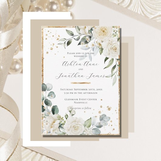 ホワイトローズエレガントモダン結婚金ゴールド 招待状