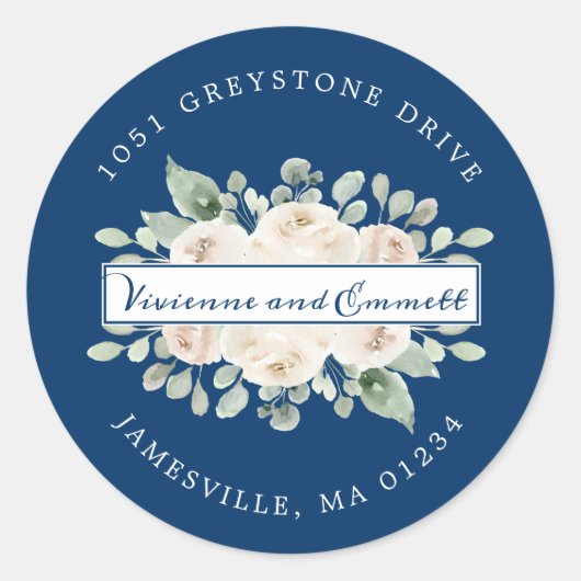 ホワイトローズオンネイビーフローラ差出人住所ラベル ラウンドシール (正面)