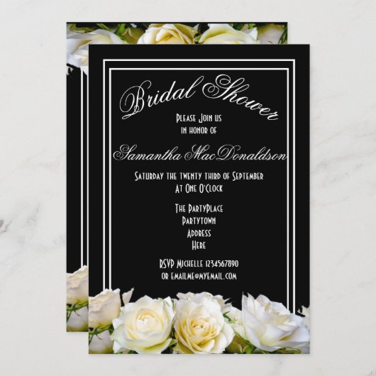 ホワイトローズオンブラックフローラブライダルシャワー 招待状 (正面/裏面)