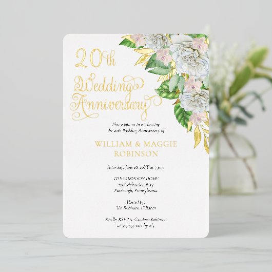 ホワイトローズオーキッド20結婚周年パーティー 箔招待状 (立ち正面)