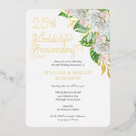 ホワイトローズオーキッド25結婚周年記念パーティー 箔招待状 (正面)