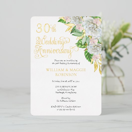 ホワイトローズオーキッド 30周年記念結婚パーティー 箔招待状 (立ち正面)