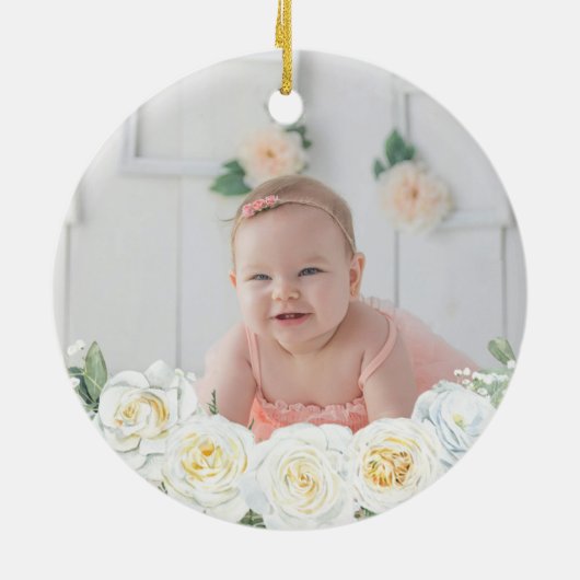 ホワイトローズガーデンフローラガールバプテスマ写真 セラミックオーナメント (裏面)