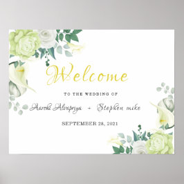 ホワイトローズグリーンとホワイトフローラウェルカムサイン ポスター