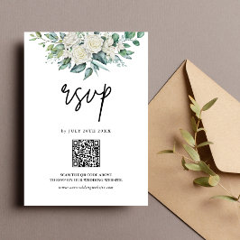 ホワイトローズグリーンフローラルQRコード結婚式 出欠カード