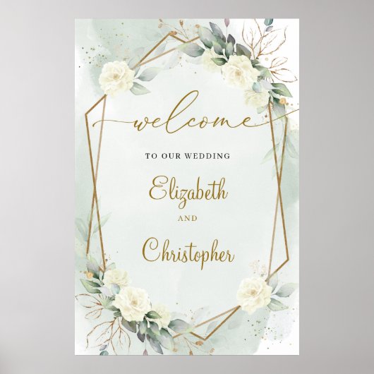 ホワイトローズグリーンユーカリプタス金ゴールド幾何学 ポスター (正面)