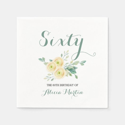 ホワイトローズグリーンリーシクティ誕生日 スタンダードカクテルナプキン (正面)