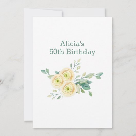 ホワイトローズグリーンリーフローラサプライズ50誕生日 招待状 (裏面)