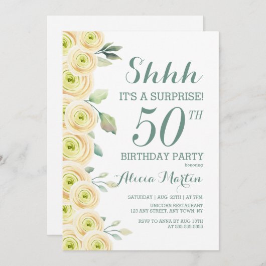 ホワイトローズグリーンリーフローラサプライズ50誕生日 招待状 (正面/裏面)