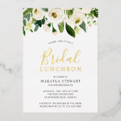 ホワイトローズグリーンリーフローラブライダルルンチョン金ゴールド 箔招待状 (正面)