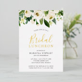 ホワイトローズグリーンリーフローラブライダルルンチョン金ゴールド 箔招待状 (立ち正面)