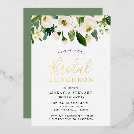 ホワイトローズグリーンリーフローラブライダルルンチョン金ゴールド 箔招待状 (正面/裏面)