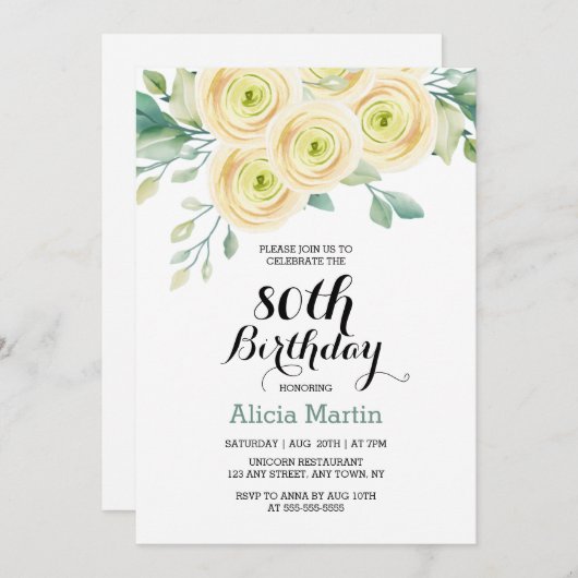 ホワイトローズグリーンリーフローラユーカリ80誕生日 招待状 (正面/裏面)