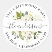 ホワイトローズグリーンリーフローラ差出人住所シール ラウンドシール (正面)