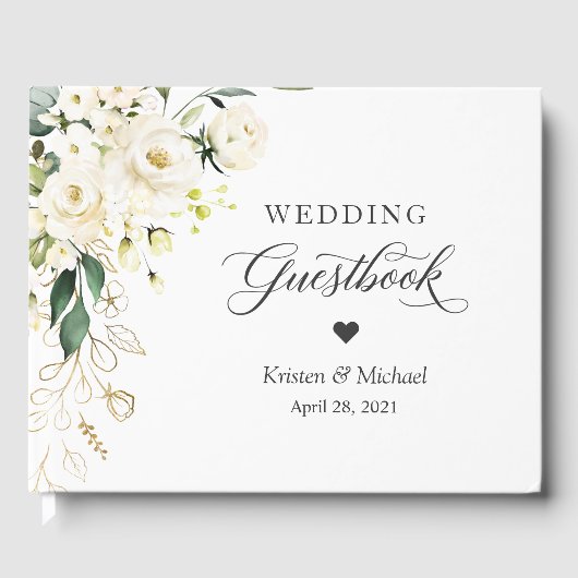 ホワイトローズグリーンリー金ゴールド結婚フローラ ゲストブック (正面)
