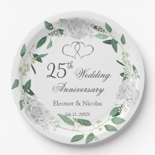 ホワイトローズグリーンリー25結婚周年 ペーパープレート (正面)