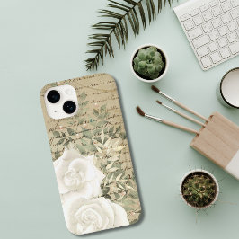 ホワイトローズグリーン系ボタニカルヴィンテージ手描き風  iPhone 15ケース