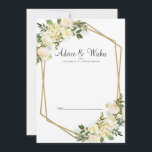 ホワイトローズシックフローラ金ゴールド結婚ズニューリューズホワイト アドバイスカード<br><div class="desc">シックでエレガント新しい願いフォーマルとアドバイスはロマンチックな水色のバニラ白いバラと赤面のピンクのヒントが刻々と鮮やかな白い背景に葉の緑に表示される。黄金きらめく色の幾何学的結晶形フレームはトレンディーtouchを提供する。炭結婚灰色のレタリングとスクリプエレガントトで詳細とパーソナライズのデザイン。カードの裏は白いパリッシンプルとしたカードだ。感じ連絡はinvitationsuites@gmail.comでもし、このデザインまたは当社の製品に関して質問がある。</div>