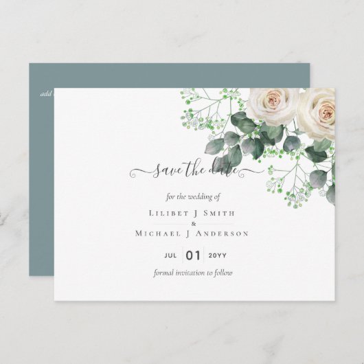 ホワイトローズセージ結婚ユーカリの救日付 ポストカード (正面/裏面)